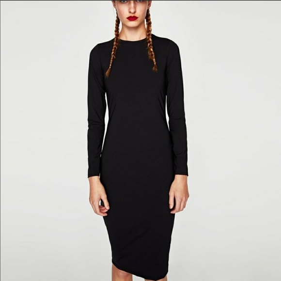 Zara | Dresses | Zara Black Long Sleeve Bodycon Midi Dress Large | Poshmark